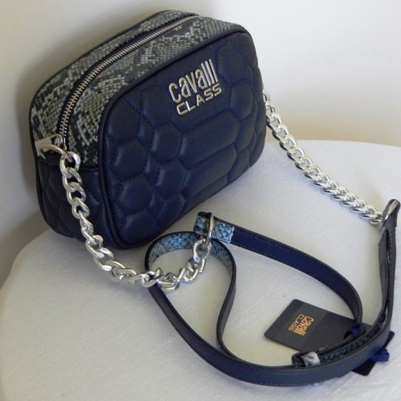NWT CAVALLI CLASS Chain Link Python Print Top Dark Blue Small Cross-body Bag - Picture 9 of 13
